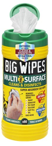 Big Wipes Multi-Surface Cleaning Wipes – Absorbent Surface & Hand Wipes - 4 Power Solvents & 4 Skin Conditioners – Industrial Cleaning Products - Heavy Duty Hand Cleaner – Dispenser Tub x80