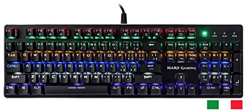 Mars Gaming MK4BR, Tastiera Meccanica Gaming Per PC, Switch MARRONE Outemu, Italiano, Retroilluminazione A 6 Colori, Anti-ghosting, 10 Effetti Di Luce, Flusso RGB Di Illuminazione Laterale, USB, Nero
