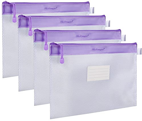 Wisdompro Zipper Pouch, 4 Packs Durable Letter Size Waterproof Mesh File Bag, Document Organizer - Purple