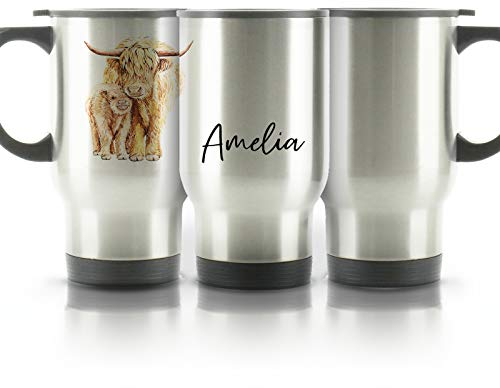 Hairyworm Personalised Travel Mug, 400ml Silver Stainless Steel Travel Mug with Handle, Customised with Initial/Name, Mother and Baby Highland Cow and Calf Design Print