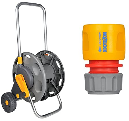 Hozelock 2398P0000 60m Hose Cart without hose & 2185P9000 AquaStop Connector (12.5mm & 15mm), Grey, Orange, Red