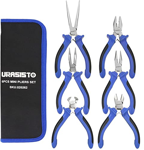 URASISTO 6 pcs Mini Pliers Set - Long, Bent, Needle Nose, Diagonal, End Cut, Combination - Spring Loaded Handle, 5 Inch - Mechanic, Craftsman Basic Tool Kit - Roll Up Carry Bag Included
