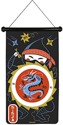 Janod - Gioco di Freccette Magnetico Ninja - 6 Freccette in Plastica - Gioco in Tessuto a Due Lati - Gioco Magnetico da Appendere - dai 4 Anni, J02089