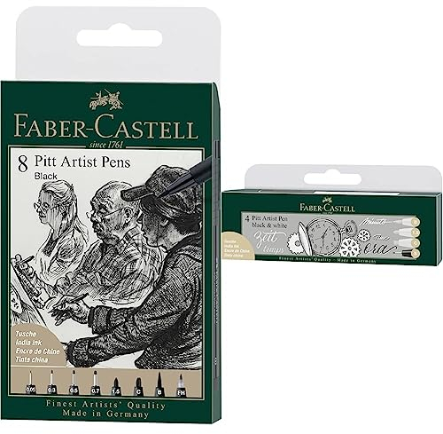Faber-Castell 167158 - Tuschestift Pitt Artist Pen, Farbe 199, schwarz, XXS, S, F, M, B, C, 1.5, Fude hard, 8er Etui & 167151 - Tuschestift Pitt Artist Pen Black and White, 4er Set