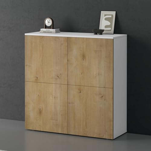 doporro Sideboard Kommode 100 cm in Matt Weiß und Eiche Greige Aufbewahrungsschrank Bodenstehend für Ihren Wohnbereich Viel Stauraum Schrank 04