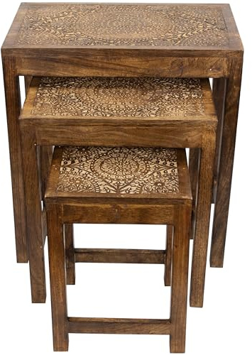 Northlight Set of 3 Walnut Brown Stackable Mandala Nesting Tables 24