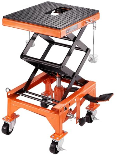 VEVOR Hydraulic Motorcycle Lift Table, 158 kg Capacity Motorcycle Scissor Jack Lift with Wide Deck, J-hooks, 4 Wheels, Hydraulic Foot-Operated Jack Stand for ATV Dirt Bikes