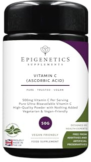 Vitamin C Powder 50g | Vitamin C Ascorbic Acid 500mg | 50 Vegan Friendly Servings UK Made |1 Scoop Daily (2 Month Supply)