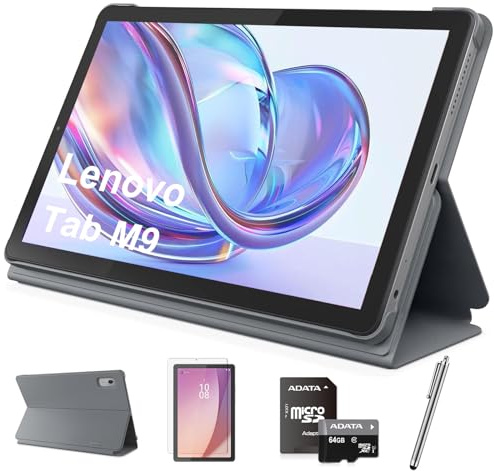 Lenovo Tab M9 9 HD Tablet, Media Tek Helio G80 8-Core Processor, Android 12 or Later, 3GB RAM 32GB Storage, Dolby Atmos, Wi-Fi, Bluetooth, USB-C, Gray, w/64GB MicroSD Card&Folio Case&Film&Stylus Pen