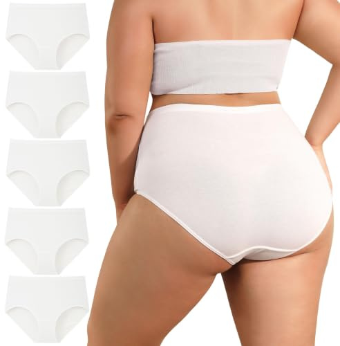 INNERSY Culotte Grande Taille Blanc pour Femme Shorty Coton Doux Slip Taille Haute Lot de 5 (EU 48-50, Basic Blanc)