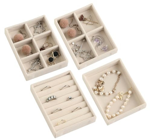 Frebeauty Lot de 4 petits plateaux à bijoux empilables en velours - Mini organisateur de tiroir - Inserts de tiroir - Organisateur de boucles d'oreilles pour femmes et filles (Lot de 4, beige)