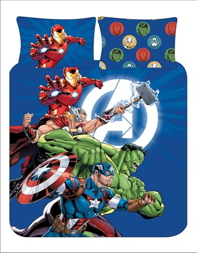 Marvel Avengers Double Duvet Cover Set – Reversible Superhero Bedding for Kids or Teens – Official Marvel – Polycotton 52% Cotton 48% Polyester – Blue – UK Double Bed Size