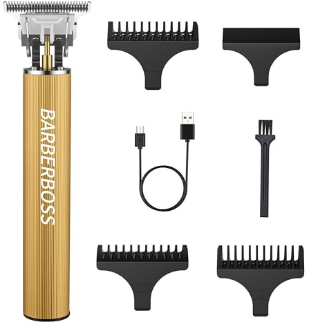 BarberBoss T-Blade Hair & Beard Trimmer, Cordless Men’s Detail Clipper, USB Charging, 3 Precision Combs, Men’s Grooming Tool for Face, Neckline & Hairline (Gold)