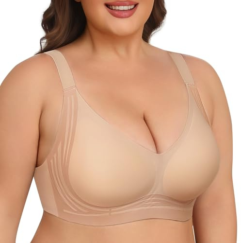 UMIPUBO Reggiseno Senza Ferretto Donna Taglie Forti Reggiseni Senza Cuciture Comodo Push Up Scollo a V Copertura Totale Basic T-Shirt Imbottito Bralette con Bra Estensione (Pelle, L)