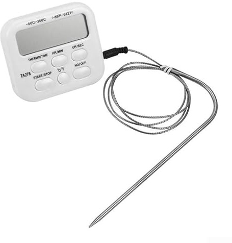 Digital mattermometer med sond för att laga kött, 300 °C ugnssäkert köksverktyg med 1,5 m kabel, -50 till 300 °C räckvidd, omkopplingsbar °C/°F, timerfunktion, vit