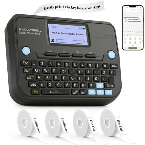 SUPVAN E12 Keyboard & Bluetooth Label Maker Machine with 4 Tapes, Black | Rechargeable, LCD Backlit Screen, Narrow Margin, App with 30+ Fonts & 660+ Icons, Inkless, for School, Office, Home