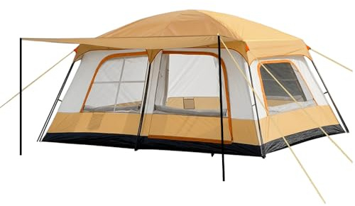 Tente de Camping 4 Personnes (320x210x180 cm), Tente Tunnel 4 Places 2 Chambres avec Auvent, Impermeable 3000 mm, UPF 50+, Montage Rapide 10 Min, pour Camping Familial