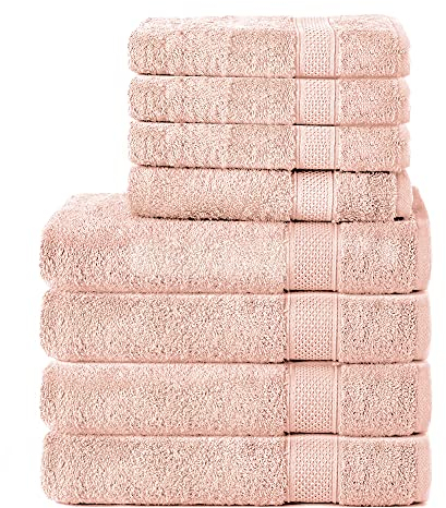 Komfortec 8er Handtuch Set aus 100% Baumwolle, 4 Badetücher 70x140 und 4 Handtücher 50x100 cm, Frottee, Weich, Towel, Groß, Blütenrosa