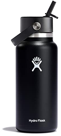 HYDRO FLASK – Gourde Isotherme 946 ml (32 oz) avec Bouchon Antifuite et Paille Intégrée - Bouteille Inox à Isolation sous vide - Ouverture Standard – Noir