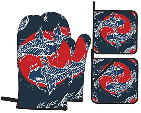 Guantes De Horno Juego De Agarraderas, Calamar Bendición Japón Guantes De Barbacoa Forro De Algodón Agarraderas De Cocina Lavable Guantes De Horno, para Cocinar, Hornear