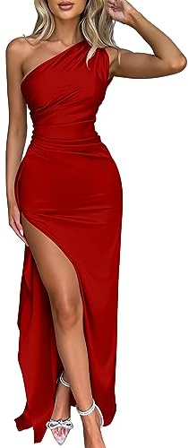 Memoriesea Women's Sexy One Shoulder Satin High Split Cocktail Wedding Party Maxi Dress Red