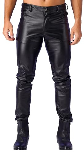 CHICTRY Men's Shiny Metallic Faux Leather Motorcycle Biker Tight Pants Long Trousers Leggings 8# Black L