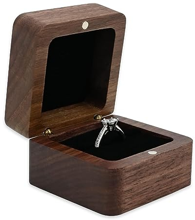 Movstriker Wooden Ring Box, Vintage Square Wedding Ring Box Engagement Ring Holder with Single Slot, Elegant and Retro Ring Storage Box for Proposal Wedding Ceremony