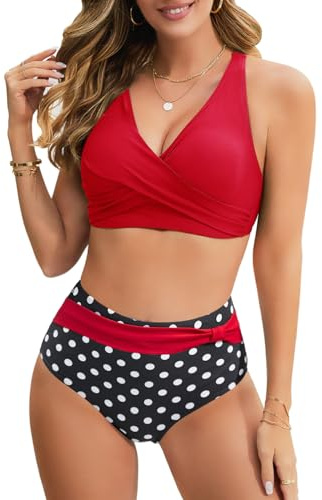 UMIPUBO Maillot de Bain Femme 2 Pièces Culotte Taille Haute Bikini Set Push Up Bikinis Sexy Col V Élégant Swimwear Ajustable Maillot de Plage(Rouge,M)