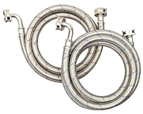 PLUMBINGMASTER 10 fot tvättmaskinslangar i rostfritt stål med 90 graders armbågar, 2-pack röda och blå tvättslangar, bristningssäkra varm- och kallvattenanslutning inloppstvätten matledningar