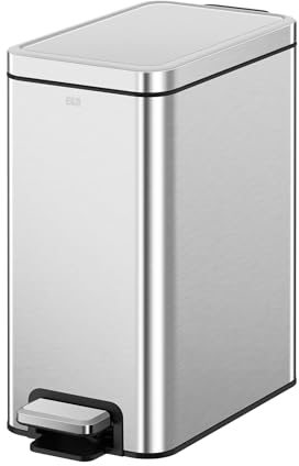 EKO Small Bathroom Trash Can with Lid Soft Close, Step Pedal, 10 Liter / 2.6 Gallon Stainless Steel Garbage Can with Removable Inner Bucket, Anti-Fingerprint Finish (Silver)