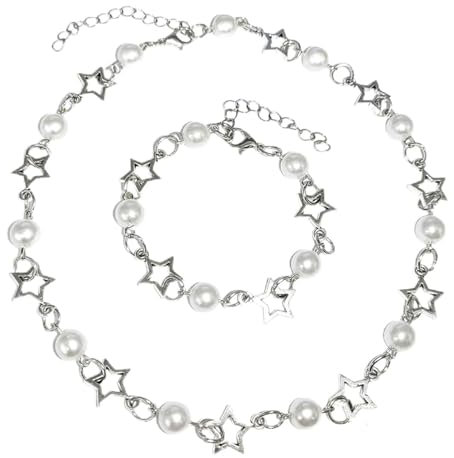 Bkemkri Y2K Stern Halskette mit Armbändern, Stern Charm Armband, stilvoller Handgelenkschmuck, Ästhetische Halskette, Elegantes Perlenarmband, Y2K Punk Gothic Accessoires für Frauen und Mädchen