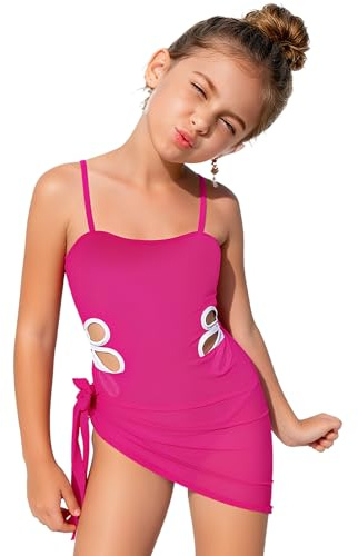 Okdance Girls' One-Piece Swimsuits Girls Swimming Costume with Solid Color Cover Up Skirt Quick Dry Girl Swimwear Adjustable Straps Swim Suit Pink