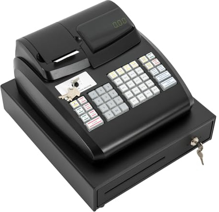 Cash Register, Electronic Commercial Cash Register with 47 Keys and 6 Digits Led, Compact Cash Register with Lock Cash Drawer Box, Multi-Color Waterproof Keyboard, Check Opening, Black