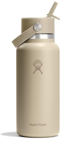 Hydro Flask Water Bottle - Insulated Stainless Steel - Wide Mouth Flex Straw Lid, Non Spill, Leakproof and Refillable in 32 Oz Tonal Oat