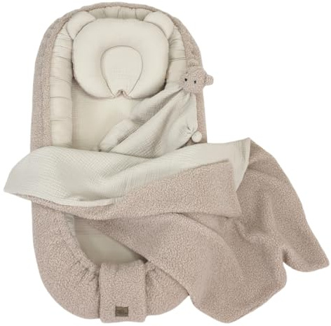 WIKLINOPOL Ensemble Babynest Beige – Baby Nest pour nouveau-né, nid & cocon avec coussin Teddy, couverture & doudou – Équipement bébé respirant en mousseline & peluche Teddy