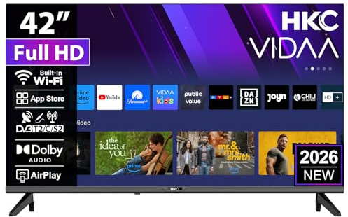 HKC Smart TV 42 Pulgadas, FHD LED Televisor con WiFi, LAN, App Store, Sintonizador Digital, Prime Video, Netflix, Youtube, DAZN, Disney+, Pluto TV y Más