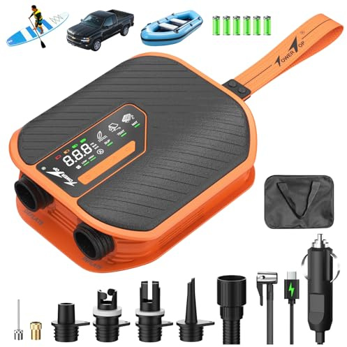 TowerTop 10500mAh Electric Paddle Board Pump-50PSI Rechargeable Sup/Car Pump Dual Stage (Inflation & Deflation) with Cooling Fan, 8 Nozzles, HD LCD Display - for Paddle Boards, Inflatables, Kayaks,Car