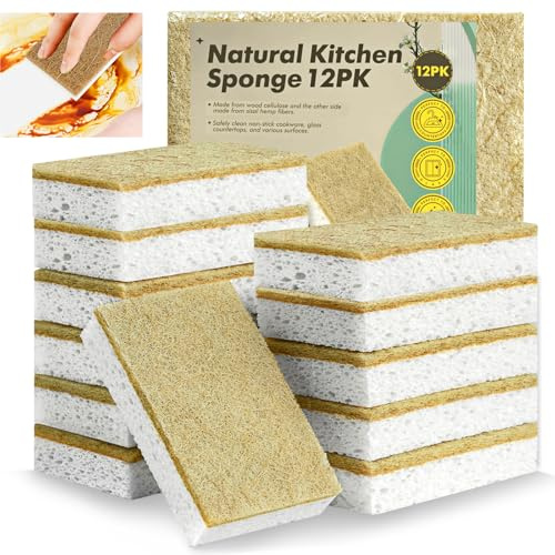 Esponja de cocina natural, 12 unidades, respetuosa con el medio ambiente, compostable, celulosa de coco, borrador de suciedad, doble cara y resistente a los arañazos, esponja de limpieza para cocina