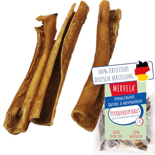 MERVELA Pferdekopfhaut ohne Fell | Hypoallergen | 1 kg | Qualität aus Deutschland | 12 cm Stücke | natürlicher Kauartikel | 100% Monoprotein Pferd
