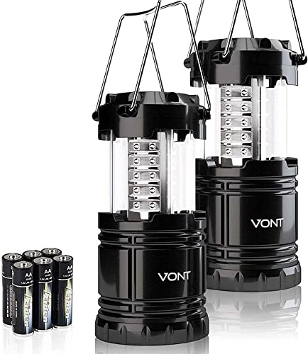 Vont Paquete de 2 faroles LED portátiles para acampar al aire libre, kit de supervivencia para huracán, emergencia, tormenta, cortes (negro, plegable)