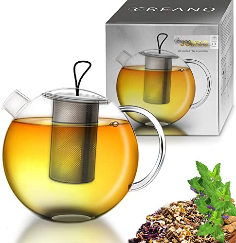 Creano Teiera in Vetro 1,0 Litro con Filtro Acciaio Inossidabile Integrato e Copercio Vetro - Antigoccia Elegante Teiera Trasparente per Tè Infusi Regalo Perfetto - 3 pezzi