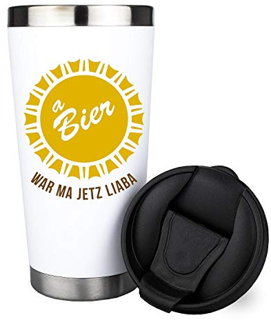Bavariashop Thermo-Becher Bier war ma jetzt liaba, Kaffee Isolierbecher im bayerischen Design, 420 ml, Bruchfest, bis zu 8 Stunden heiß oder kalt