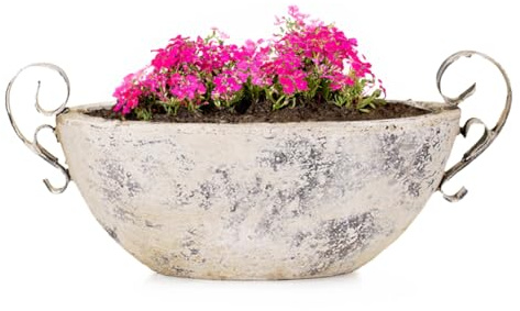 Moderne Vintage Pflanzschale für draußen - Ovale 34 cm Schiff Deko-Schale in Shabby Antik beige - Keramik Jardiniere als Blumen-Topf Pflanztopf für Garten, Balkon oder Friedhof Grab-Schmuck