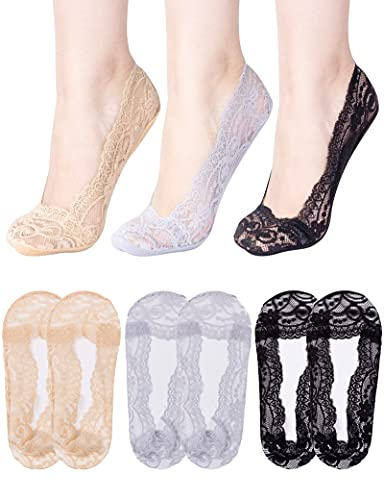MELLIEX 6 Paar Damen Unsichtbare Socken, Füßlinge Spitze Ballerina Söckchen Frauen Halbsocken mit Rutschfest Silikon（Größe 34-38）