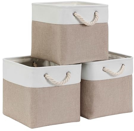 Mangata Cube Storage Boxes 28x28x28cm, Fabric Storage Basket for Cupboards, Shelves, Closet, Light Khaki White（Collapsible, 3 Pack）