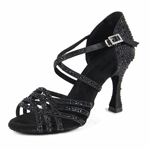 Syrads Donna Peep Toe Cross Strap Strass Tango Social Ballroom Scarpe da Ballo Latino Scarpe da Ballo per Feste di Matrimonio,Nero 9cm Heel,37 EU