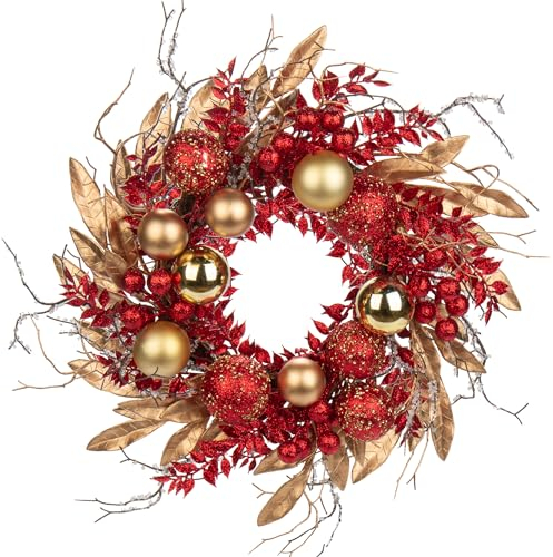 Briful 16 Christmas Wreath Red Door Wreath Handcrafted with Artificial Eucalyptus Berries Ornaments for Farmhouse Holiday Thanksgiving Christmas Decoration