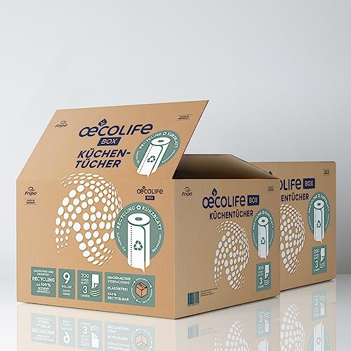 œcolife Küchentücher Box RECYCLING, 18 Rollen á 200 Blatt, Kurzblatt, Küchenrollen Großpackung, plastikfrei, nachhaltig, Haushaltsrollen, Allzwecktücher, Papiertücher, Papierhandtücher, Küchenpapier