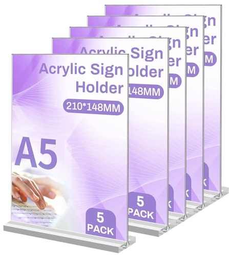 Sagreeny 5 Stück Acryl Tischaufsteller A5 Aufsteller, A5 Acrylplakat Menü Rack, Transparenter Kunststoff Display Rack Tischständer Restaurant Hotel Dokument Büro Speicher (A5-T 5Pack)