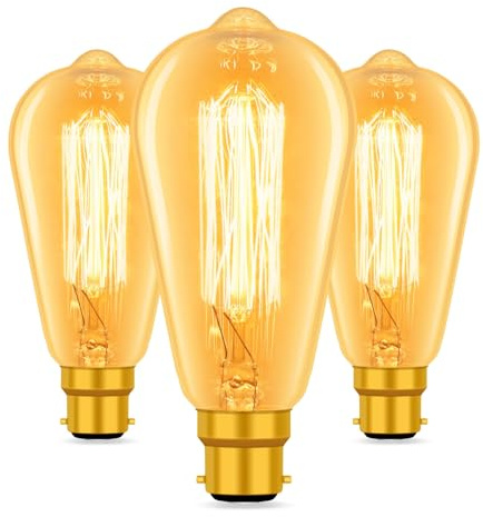 Caldarax 3 Pack B22 Bayonet Vintage Edison Light Bulbs, ST64 Edison Bulb, Retro Filament Light Bulb, Industrial Style Antique Amber Glass Warm White 2700K, 400 Lumen, Decorative Bulbs